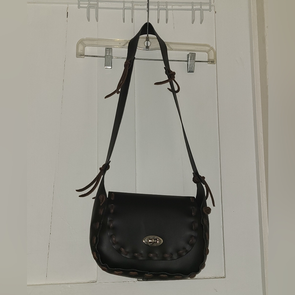 Black Genuine Leather Laced Shoulder Bag Boho